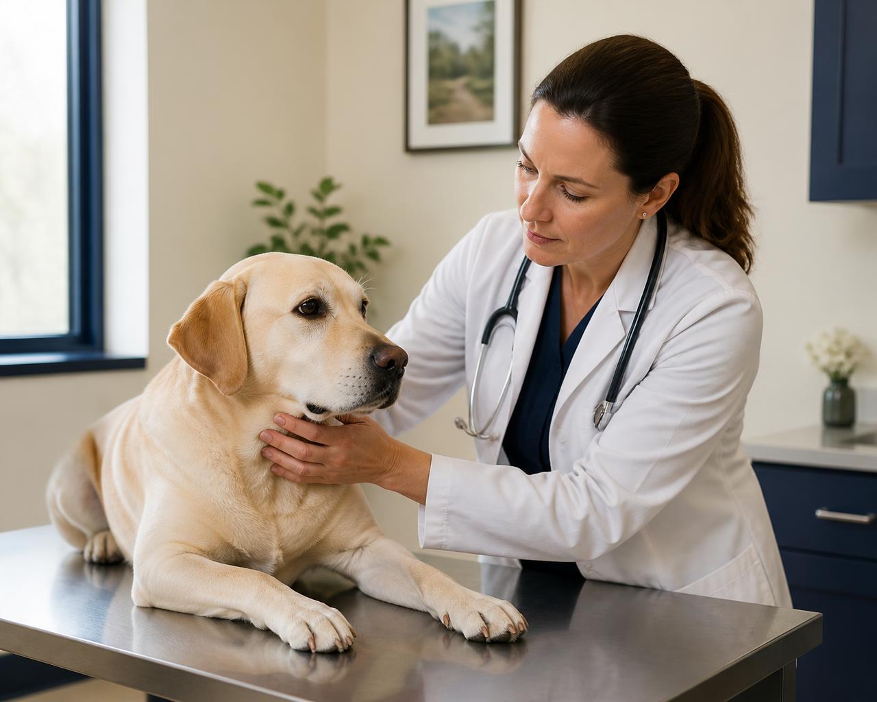 Medico veterinario che visita un cane adulto sul tavolo di un ambulatorio.