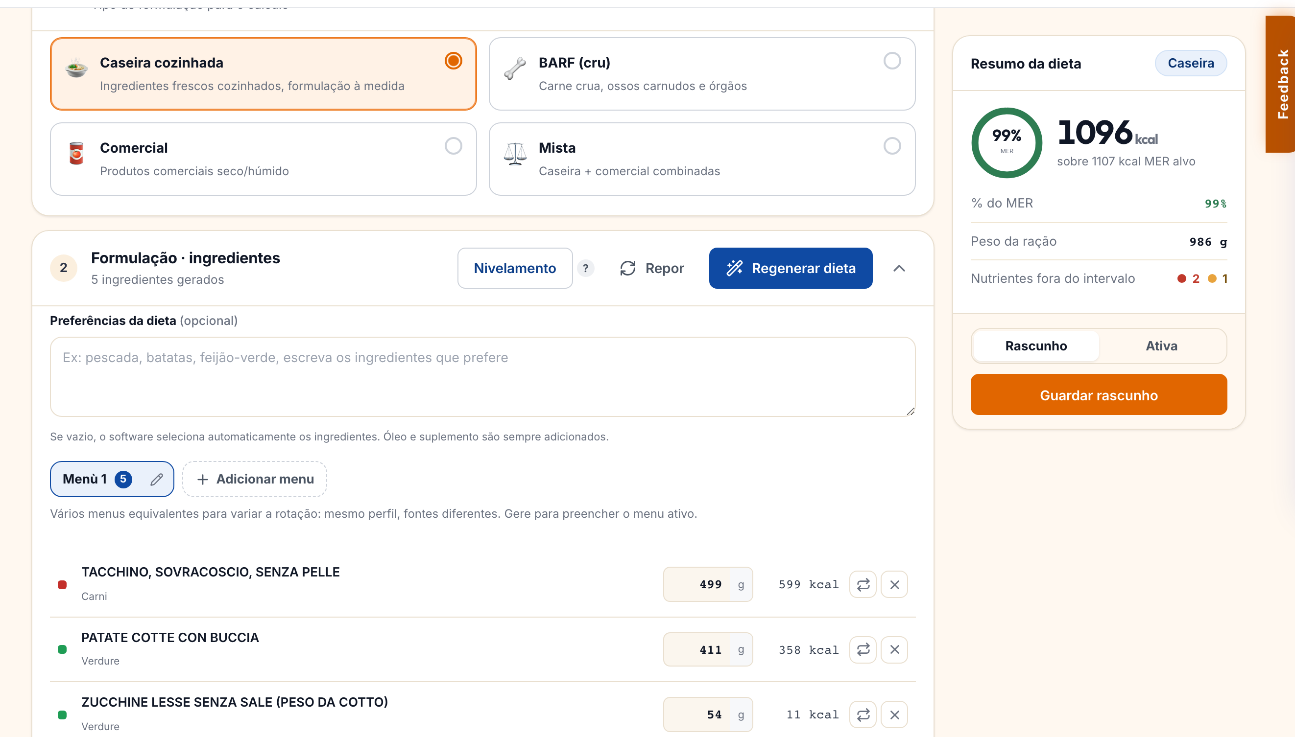 Editor de dietas do VetDietPro: tabela de ingredientes com gramaturas e repartição dos nutrientes do plano.